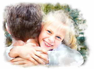 Girl hugging parent and smiling